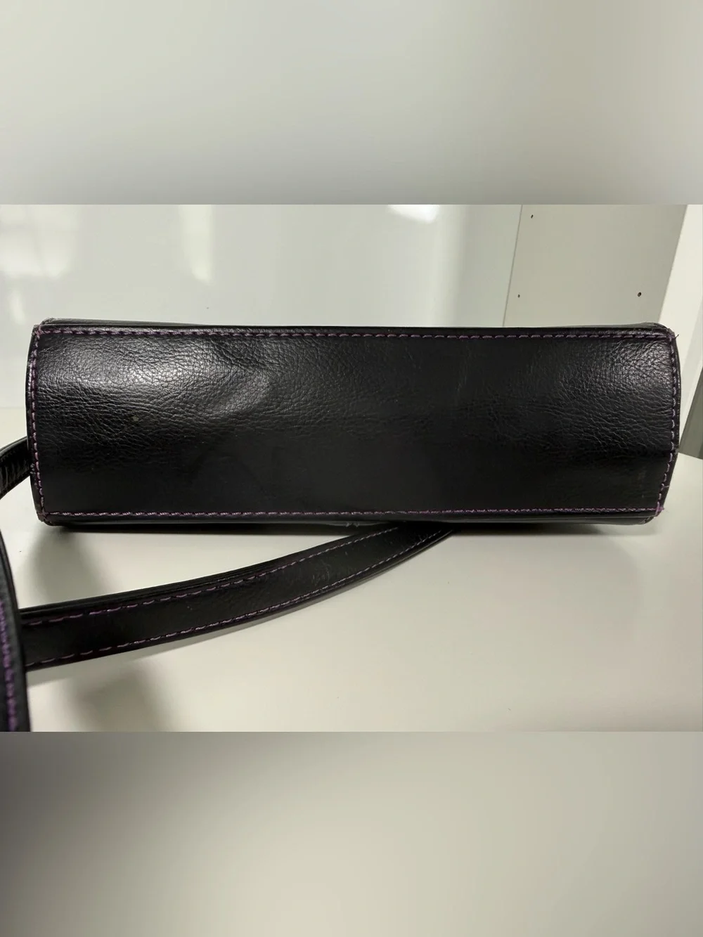 Vintage Esprit Black Top Handle Crossbody Purse with Purple Contrast Stitching